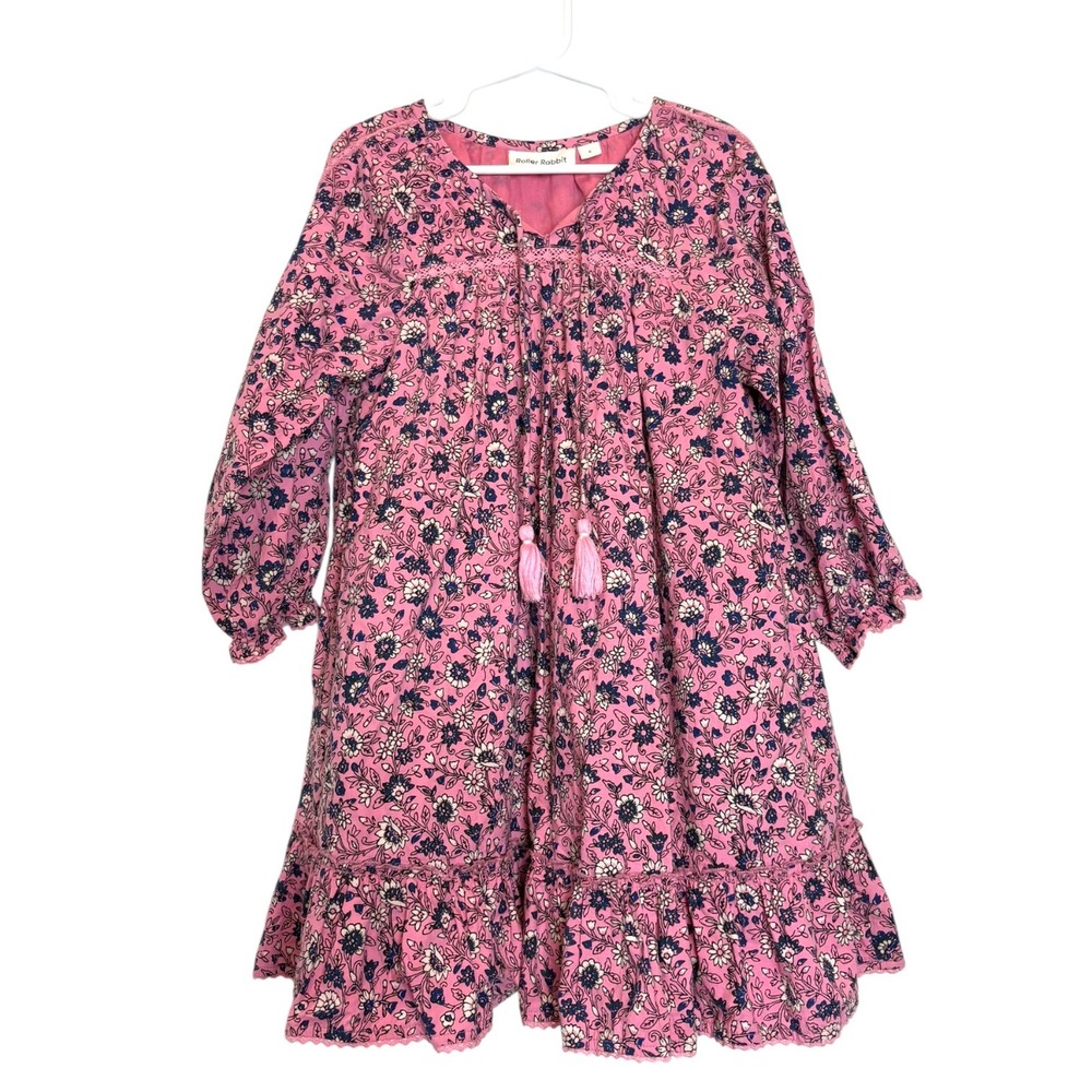 Roller Rabbit Girls Cluny Iria Floral Cotton Tassel Dress Size 6 Long Sleeve